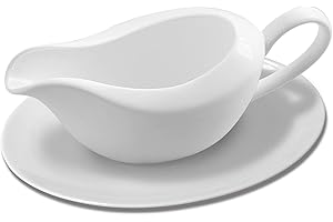 TripDock 12 Ounce Ceramic Gravy Boat with Ceramic Saucer Stand/Tray White