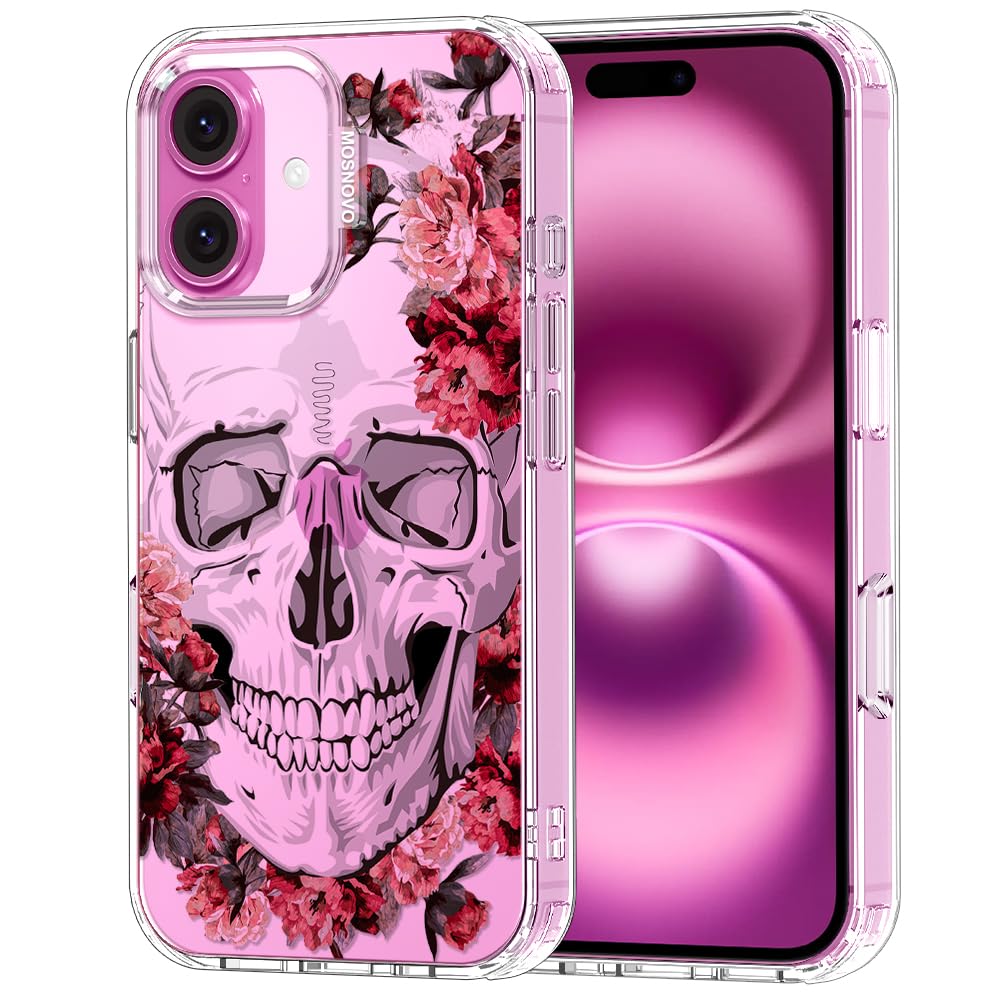 MOSNOVO Case for iPhone 16 Plus, [Buffertech 6.6ft Military-Grade Drop Protection] [Anti Peel Off Tech] Clear TPU Bumper Phone Case Cover Design - Red Flower Skull