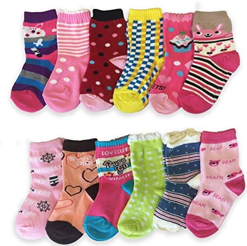 Yanoir Girl's Ankle Socks Assorted Designs Crew 12 Pack