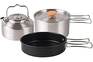 Camping Stainless Steel Cookware with a 1.6L Pot, a 0.9L Kettle and a 0.7L Nonstick Frying Pan Outdoor Cooking Set Portable f