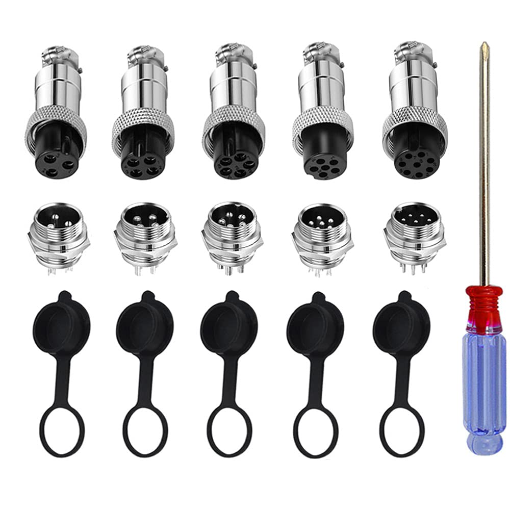 QitinDasen 10Pcs GX16 Aviation Connector Set, 5A 16mm Thread Male Female Panel Metal Aviation Wire Connector Plug Socket, with Rubber Cap and Phillips Screwdriver (3 Pin/4 Pin/5 Pin/6 Pin/8 Pin)