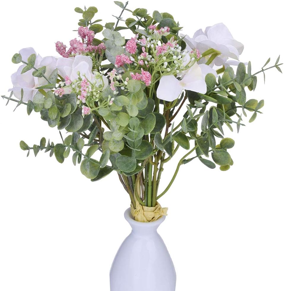 Baby Plum Eucalyptus Fake Plants Baby Breath Hydrangea Artificial Flower Bouquets for Vase Flower Arrangement Home Kitchen Garden Office Table Decor Wedding Party Decorations -Pink, Pack of 2