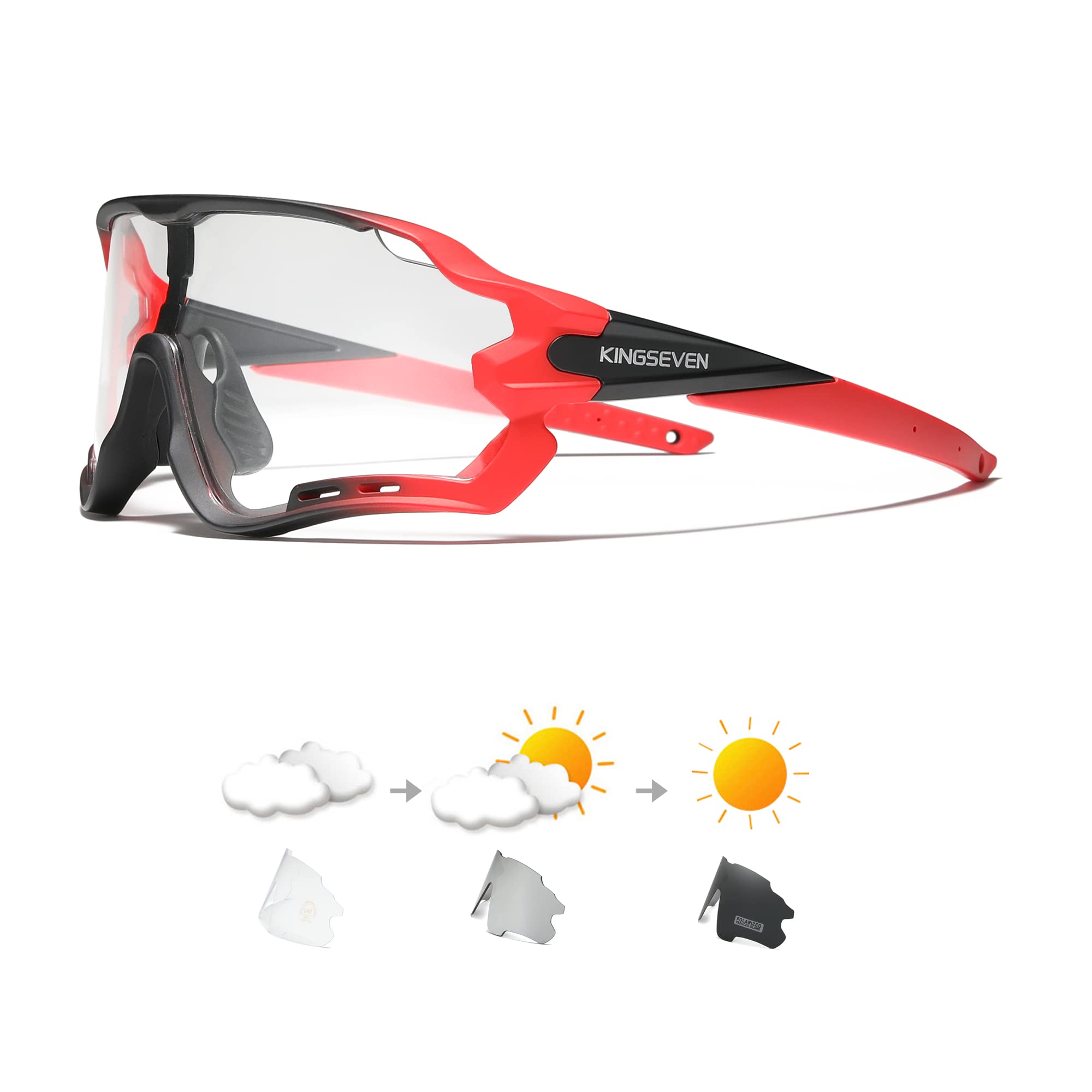 KINGSEVEN Cycling Glasses for Men Women Bicycle Sports MTB Road Bike Sunglasses Photochromic Lenses LS-911 (LS911-Photochromic Gradient Red)