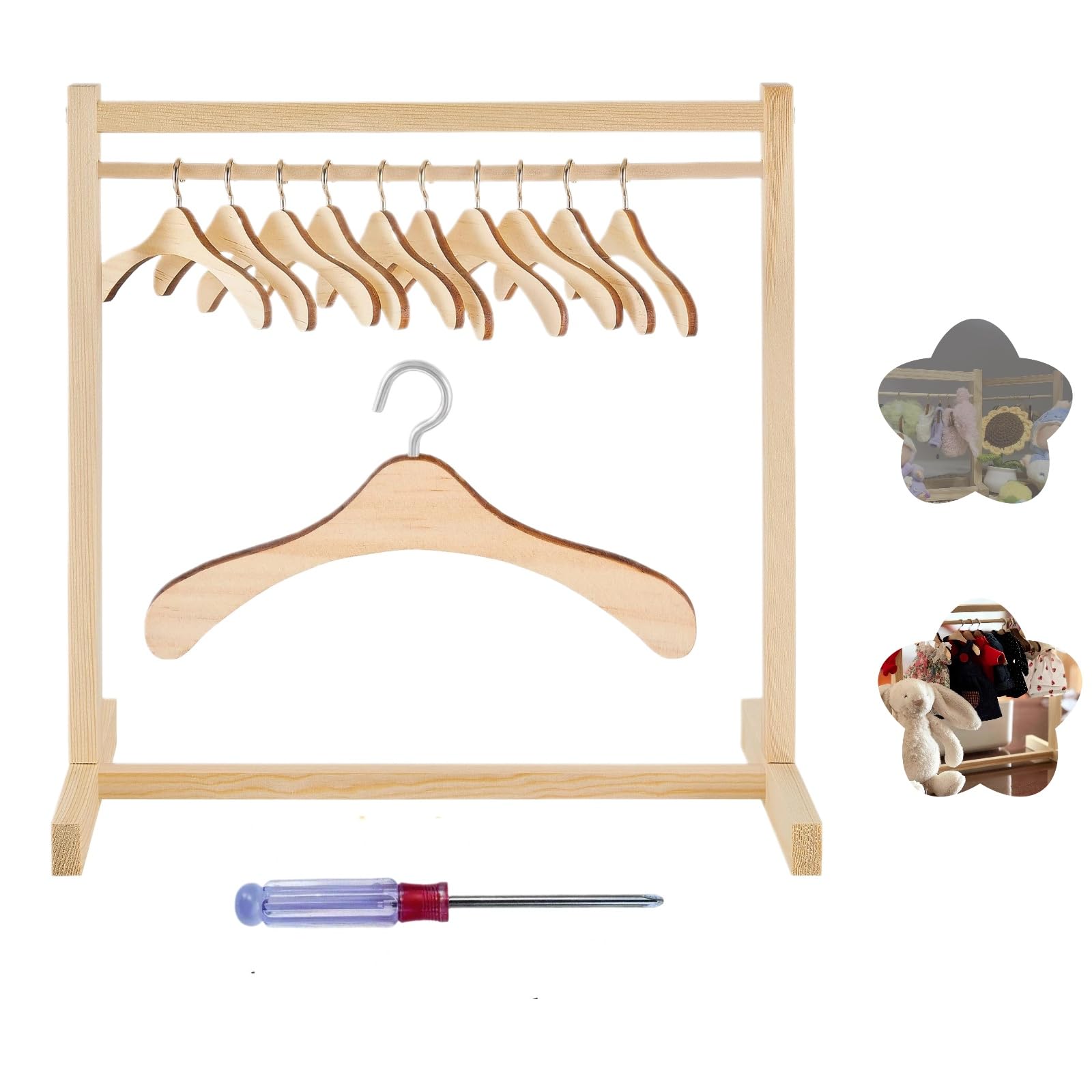 Photo 1 of 12 Pcs Doll Garment Rack - with Wooden Clothes Hanger, 18 CM Girl Mini Closet Clothes Hanger, Suitable for Doll Party Supplies, Doll Clothing Storage Accessories (Wood) (Style-1)