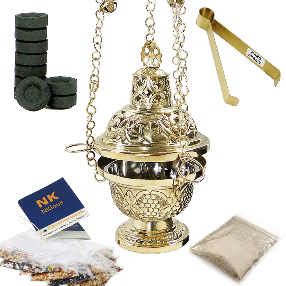 NKlaus 14pcs set incense burner gold charcoal tongs incense burner incense sand incense charcoal 40670