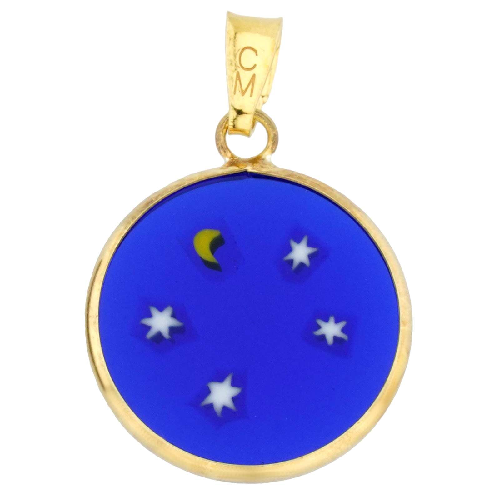 GlassOfVenice Murano Glass Millefiori Pendant Moon and Stars On Blue in 24K Gold-Plated Sterling Silver Frame 3/4"