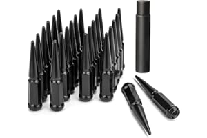 Dynofit M14x1.5 Wheel Spike Lug Nuts, 24Pcs Black 14x1.5 Lug Nut, Cone/Conical Bulge Seat, Closed End Nuts with 1 Socket Key 