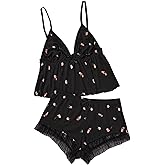 SOLY HUX Women's Floral Print Pajama Set V Neck Cami Tops and Lace Shorts Sleepwear Loungewear