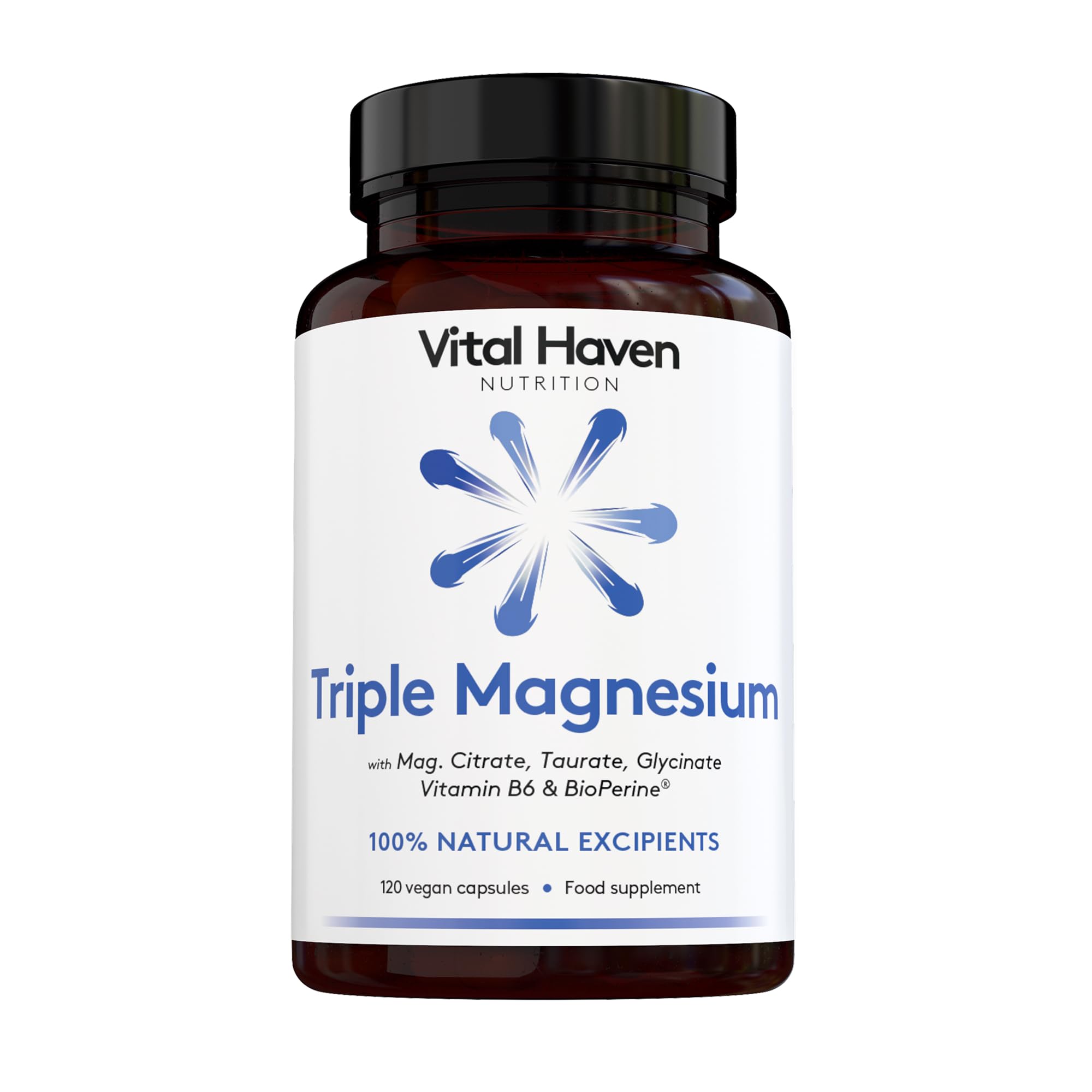 Vital Haven Magnesium Supplement - Citrate + Glycinate + Taurate with Vitamin B6 and BioPerine - 2 Capsules - UK Made