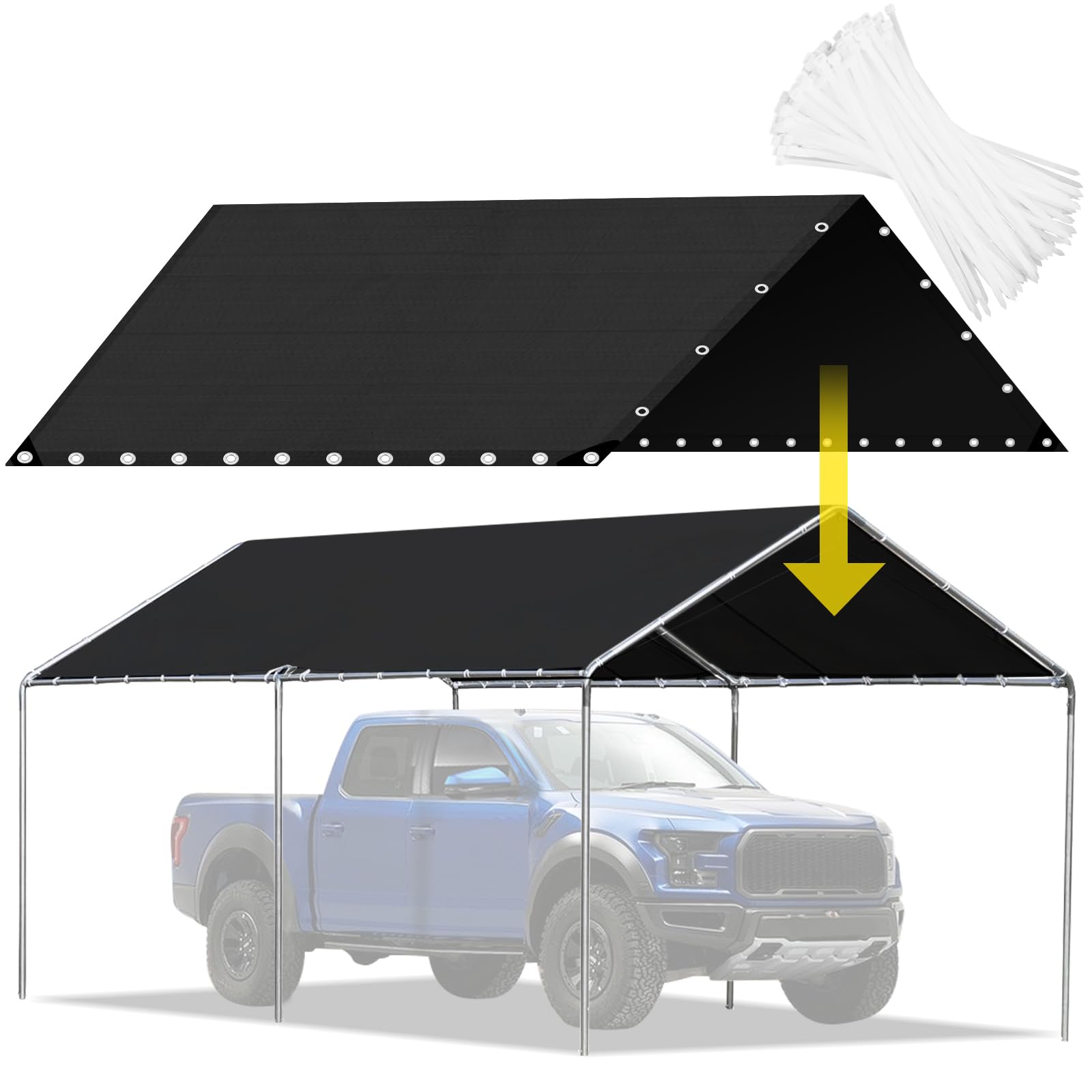 Photo 1 of 10x20 Ft Carport Canopy Replacement Cover for Canopy Tent Car Tent Garage Shelter Top Tarp Black Portable Carport with 120lbs Tensile Strength Ties (Only Top Cover, Frame is not Included)