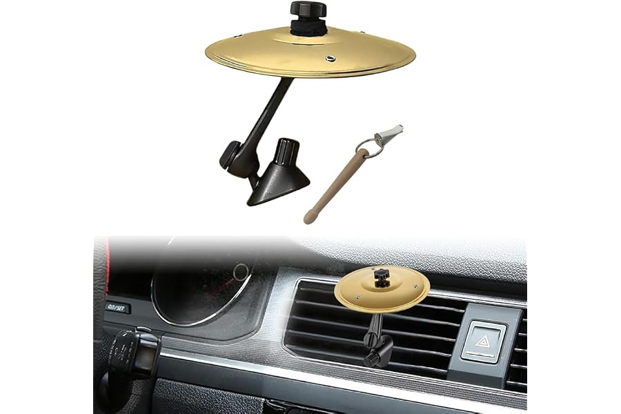 5.5 Inch Car Cymbal Air Vent, Mini Crash Cymbal Set with Drum Stick, Drum for Car Clip-On Dashboard Decor, Fun Gift for Drummers & Music Lovers, Universal Fits Most Vehicles, Gold 1 Pack