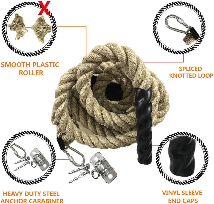 AJAFIT Gym Climbing Rope for Indoor or Outdoor Workouts, Crossfit Fitness Exercise, 1.5 Inch in Diameter 15/20/25 ft Length Available, HEAVY DUTY Manila Hemp Two Easy Install Modes (Hanger Included)（15） : Sports & Outdoors