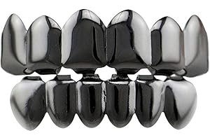 ACFUN 24K Gold Plated Hip Hop Teeth Grillz Punk Custom Fit Polished Teeth Grillz Caps Top & Bottom Grill Set with 2 Silicon Molding Bars Removable Grills For Women Men Gift Halloween Party