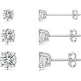 3 Pairs 14K Gold Plated Cubic Zirconia Stud Earrings | 4mm 5mm 6mm Size Set | S925 Silver Ear Posts, Hypoallergenic for Women & Men