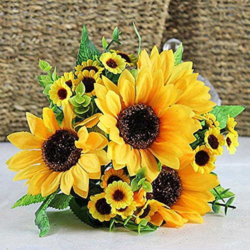 Acamifashion 1 Bouquet Artificial Silk Sunflower 7-stems Flowers For Home Decoration Wedding Decor, Bride Holding Flowers Floral Decors