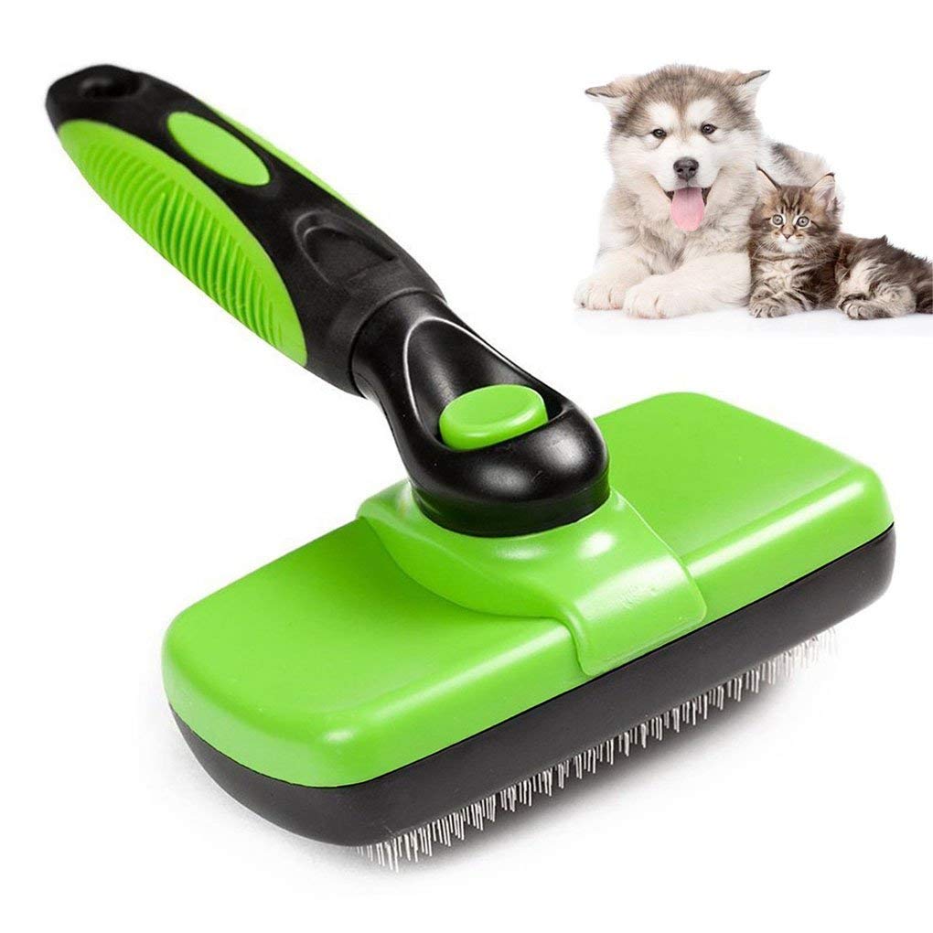 AIWEIYER Self Cleaning Slicker Brush-Pet Dog & Cat Grooming Brush- Ergonomic Soft Grip Handle -for Quick & Easy Pet Fur Removal Dander,Dirt,Massages,Improves Circulation (Green)