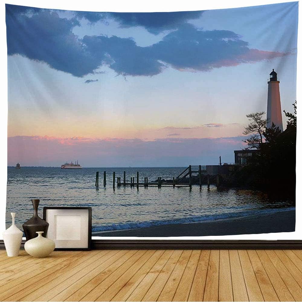 Starosac Tapestry Wall Hanging Connecticut New London Lighthouse Ct Summer Evening Nature Beach England Harbor Outdoors Ocean Wall Tapestry for Living Room Dorm 60x60 Inch