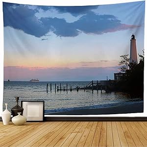 Starosac Tapestry Wall Hanging Connecticut New London Lighthouse Ct Summer Evening Nature Beach England Harbor Outdoors Ocean Wall Tapestry for Living Room Dorm 60x60 Inch