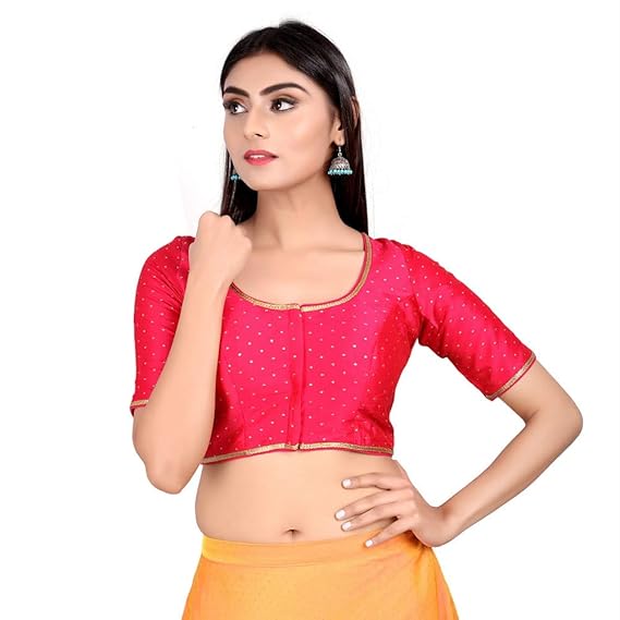 Women's Silk Butti Padded Front Open Hooks Elbow Sleeves Saree Blouse (CO-729)