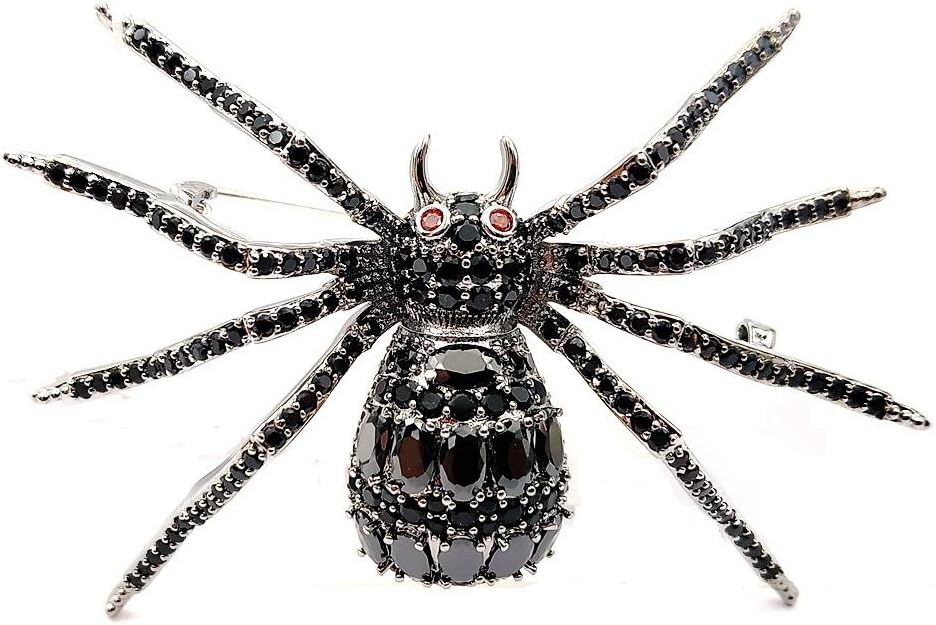 Spooky Season Eight-Legged Full Black Spider Brooch Pin with Red Eyes