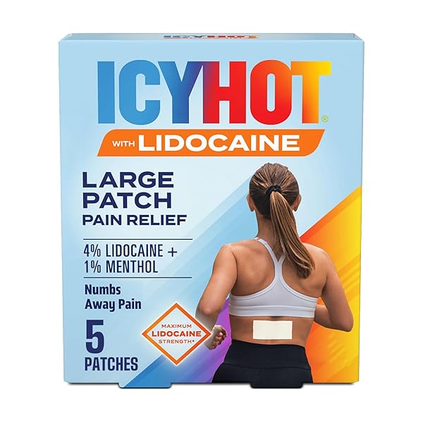 ICY HOT LIDOCAINE PAIN RELIEF PATCHES, NUMB AGGRAVATED NERVES WITH MAX STRENGTH LIDOCAINE 4% AND MENTHOL 1%, FAST-ACTING PAIN RELIEF FOR MINOR PAIN, BACKACHES, SPRAINS AND STRAINS, 5 CT.