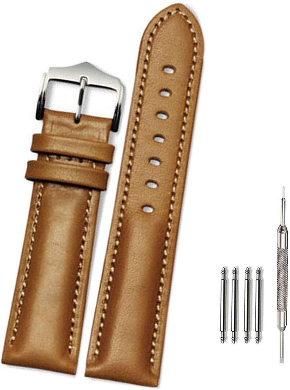 ViuiDueTure 18mm 20mm or 22mm Padded Stitched Soft Calfskin Leather Replacement Watch Band/Strap with Silver Pin Buckle
