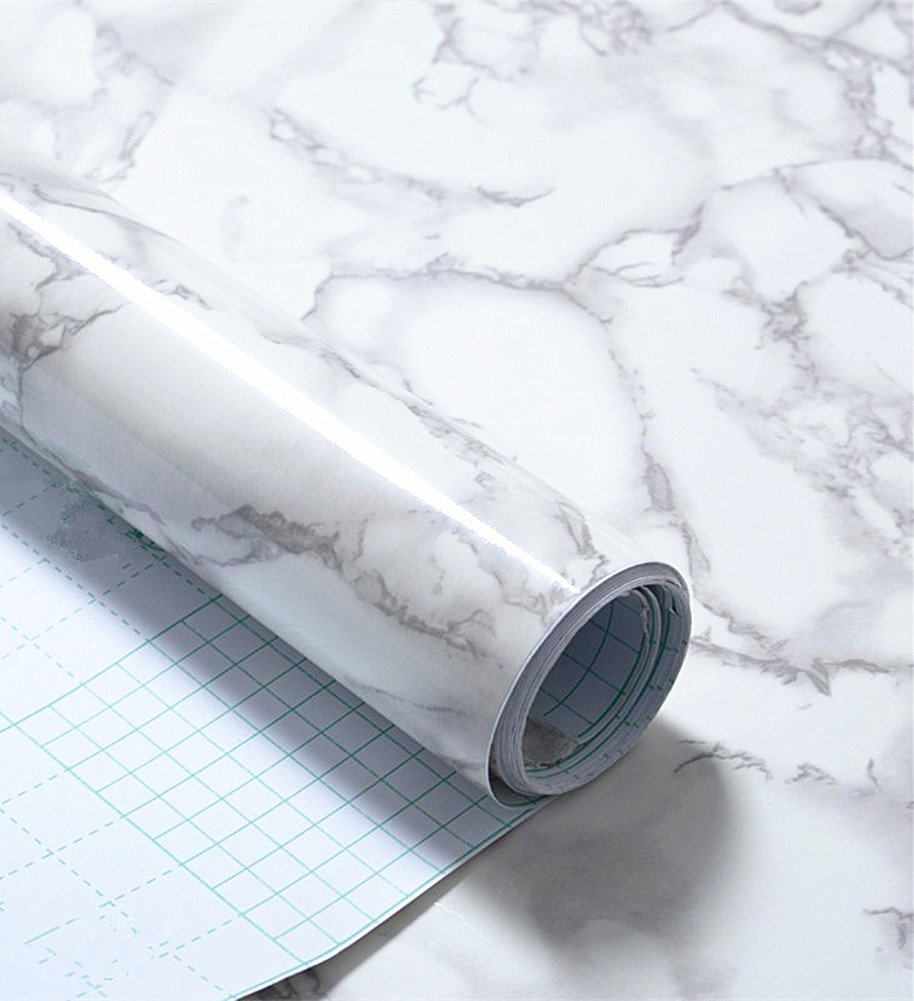 WDragon White Grey Marble Self Adhesive Gloss Vinyl Wrap Film Kitchen Countertop Peel Stick Wallpaper Decal 40cmx250cm (White)