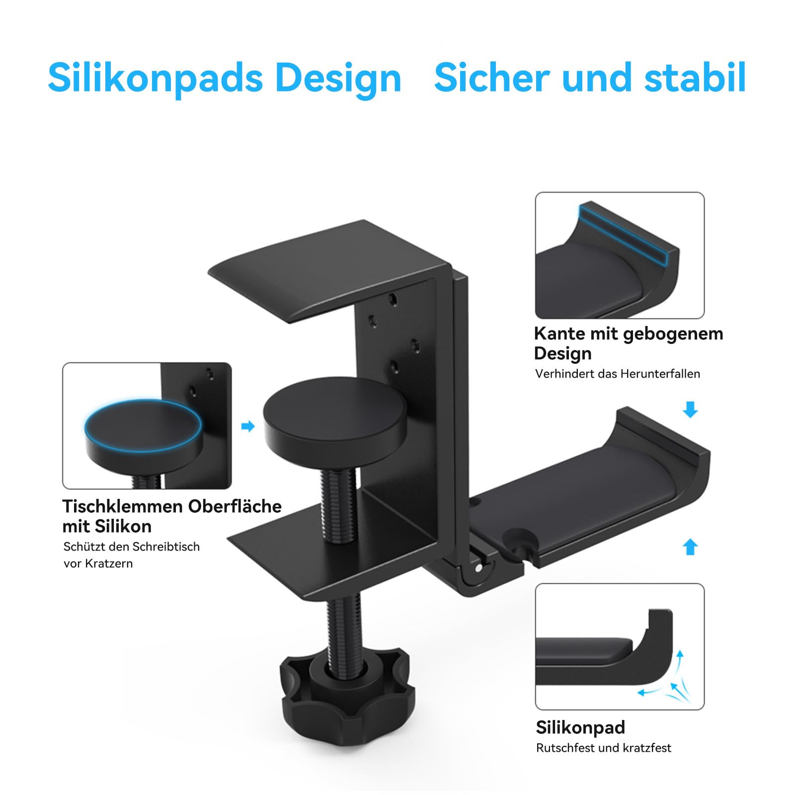 aceyoon Headset Halterung, Faltbar Headset Ständer Tisch Aluminium Kopfhörer Ständer mit Kabel-Organizer Headphone Haken für Gaming Headset (Schwarz) 2