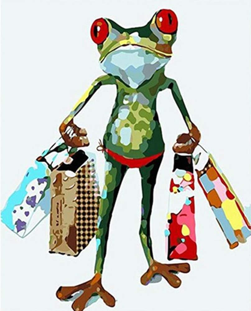 Embroidery Cross-Stitch Paint by Numbers for Adults Beginner Kids, Frog Shopping Bags 16x20 inch Linen Canvas Acrylic Stress Less Number Painting Gifts (Frog, Without Frame)