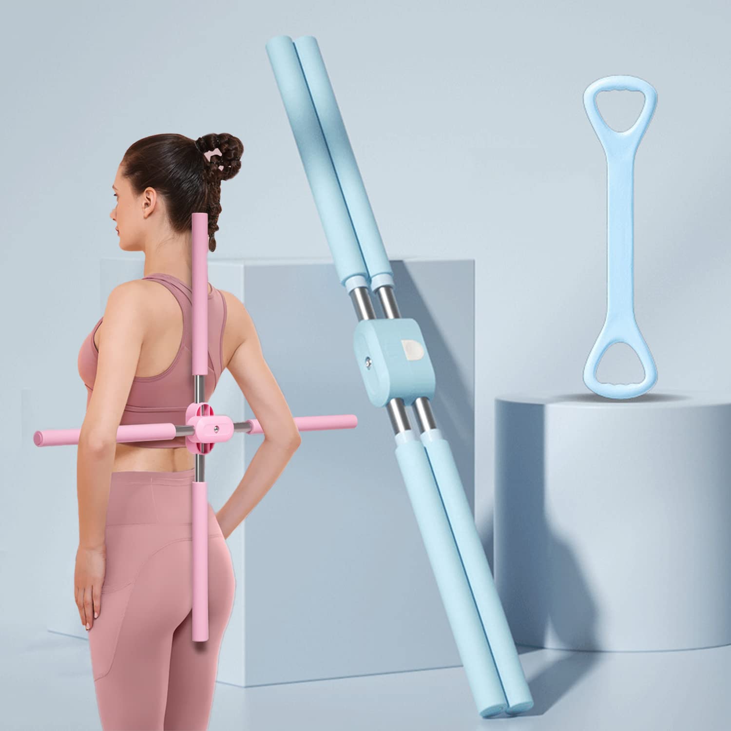 XINLIFE Yoga Sticks for Posture Corrector, Posture Corrector Multi-function with Retractable Rotating Design for Adult and Kids, Blue
