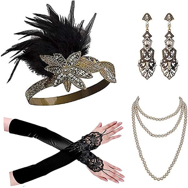 kasahara Set Accessoire Années 20 Gatsby Flapper Bandeau Plume Organza Gants Longs Collier Perles Déguisement Femme Halloween Carnaval Noël (Flower1