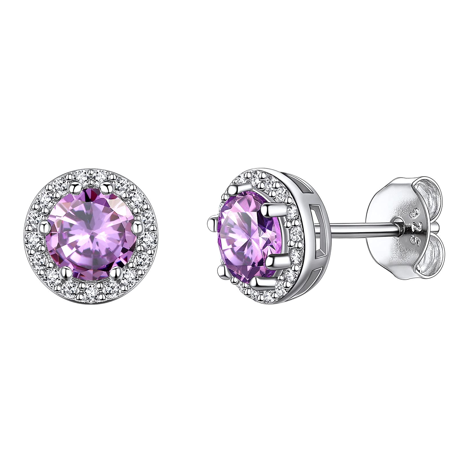 925 Sterling Silver Round Brilliant Cut Cubic Zirconia CZ Stud Earrings Dainty Small Comfortable Simulated Purple Alexandrite June Birthstone Hypoallergenic Earrings for Women Girls Teens