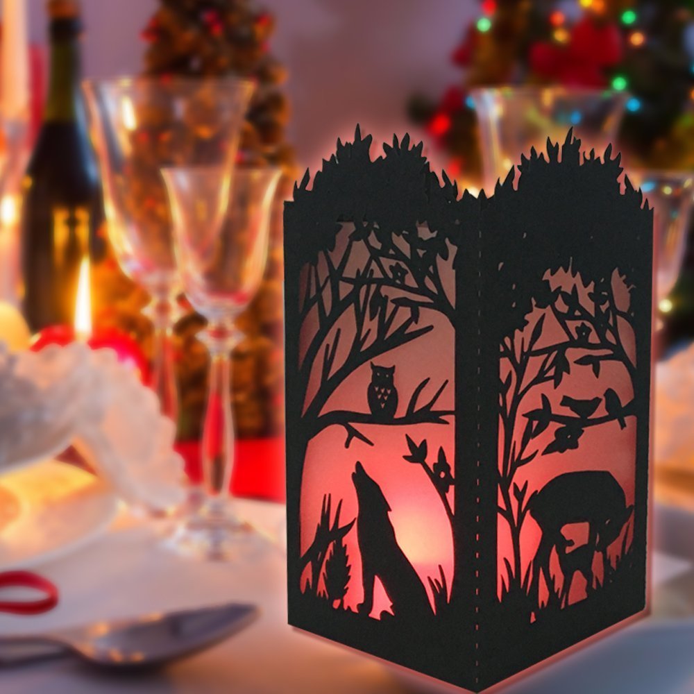 Yovente 50pcs Laser Cut Paper Candle Holder,Forest Handmade Asian Oriental paper Light Night Lamp Shade Art Gift Home Christmas Vintage Bedroom Bedside Garden Living Room, Forest-Gold