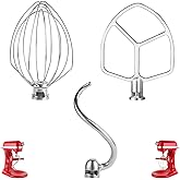Stainless Steel 3 Piece kit Attachments,Dough Hook 6 Wire Whisk Flat Beater Compatible with KitchenAid 5-6QT Mixer,Bowl Lift