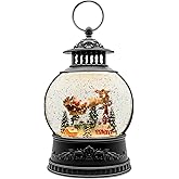 Christmas Snow Globe Lantern, Oval Musical Glitter Water Dome with Santa Sleigh & Reindeer, Lighted Snowfall, 6H Timer, USB or Battery Powered Holiday Décor