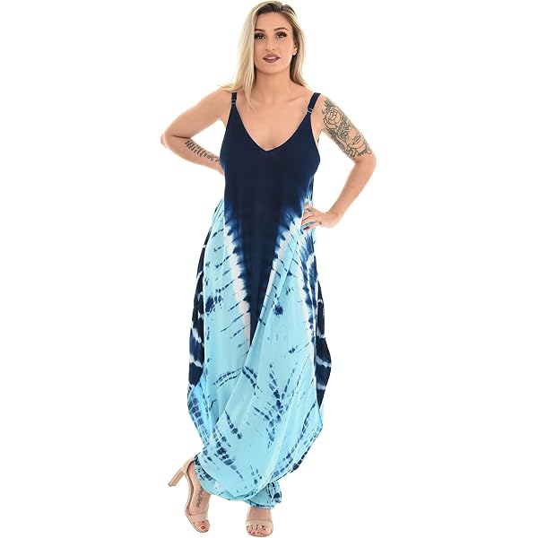 Amazon.com: Shoreline Tie Dye Harem V Neck Sleeveless Jumpsuit Long Dress  with Pockets, Blue : Clothing, Shoes & Jewelry