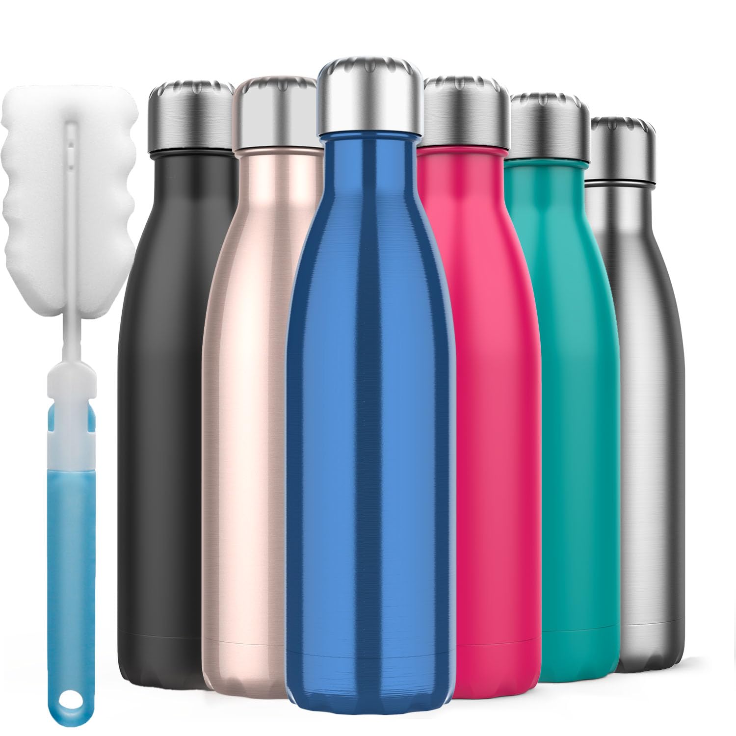 Insulated Water Bottle, Vacuum Insulated Water Bottle & Vacuum Flask with Hanging Buckle- 500ml Stainless Steel Vacuum Bottle, Double Wall Design, Standard Mouth (Blue, Brush)