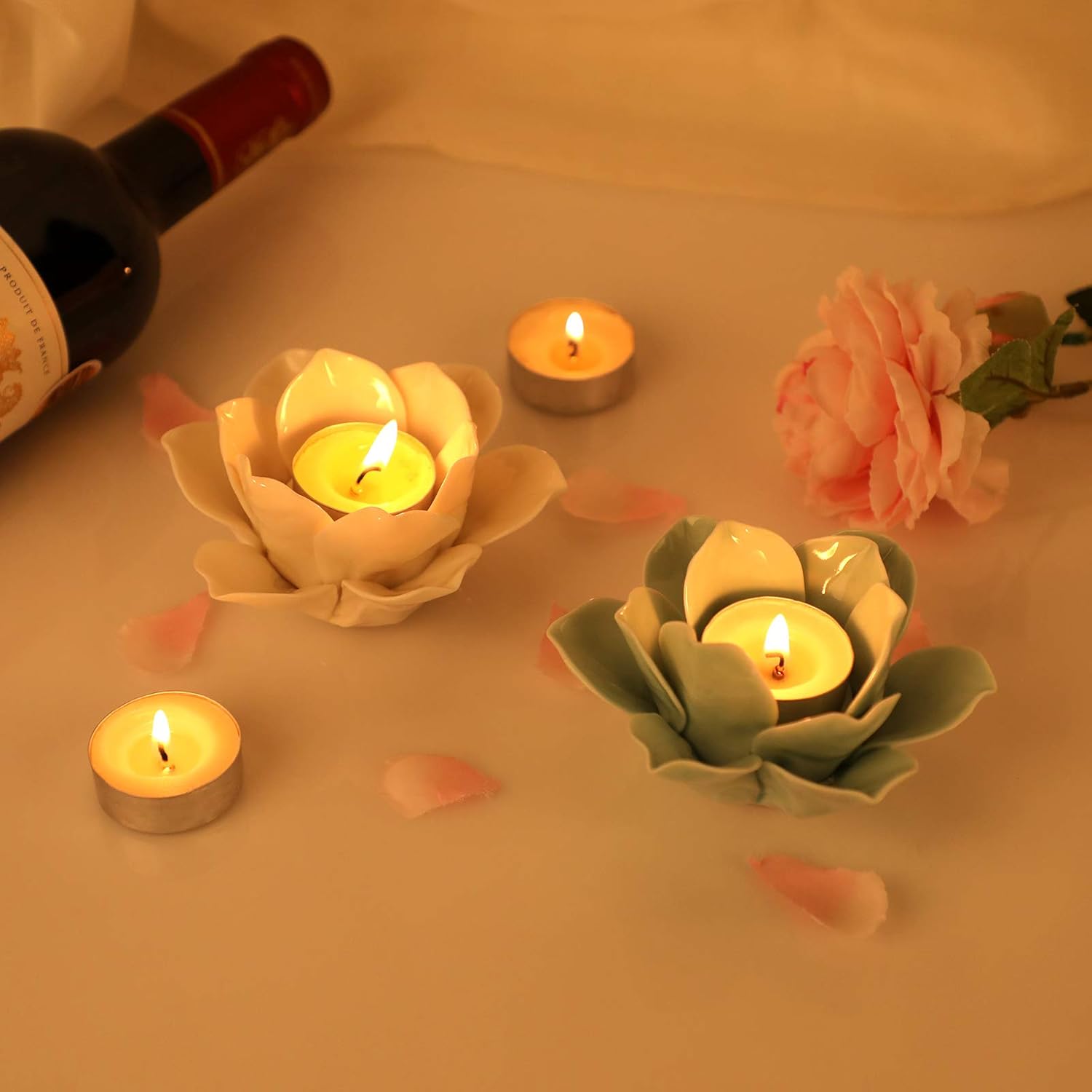 OwnMy 4.5 Inch Ceramic Lotus Flower Tea light Holder Lotus Petals Candle Holder Candlestick, Votive Flower Tealight Candle Holder Candle Lamps Holder with Gift Box for Home Decor Wedding Party (White): Kitchen & Dining