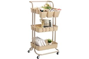 danpinera 3 Tier Rolling Utility Cart with Lockable Wheels & Hanging Cups & Hooks Storage Organization Shelves for Kitchen, Bathroom, Office, Library, Coffee Bar Trolley Service Cart (Beige)