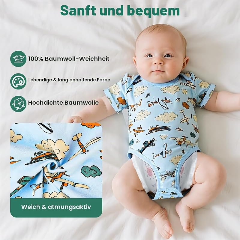5er Pack Baby Body Kurzarm, Unisex Baby Set Kurzarm Bodys aus 100% super weicher Baumwolle, Baby Body mit Druckknöpfen für Neugeborene Baby Jungen und Mädchen 3-6m (B)