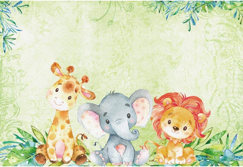 OERJU 5x4ft Safari Baby Shower Backdrop Little Cute Elephant Lion and Giraffe Animals Green Leaves Watercolor Baby Shower Photography Background Little Baby Girl Boy Party Decor Banner Photo Booth
