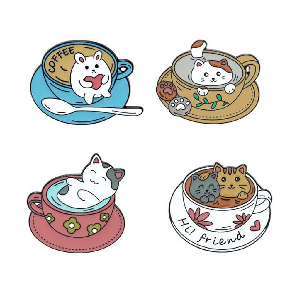 Cute Cartoon Coffee Cat Enamel Lapel Pins 4Pcs Coffee Cup Brooch Badge Pins Cat Alloy Lapel Badges Animal Coffee Pin Clothes,Backpacks, Hats, Accessories