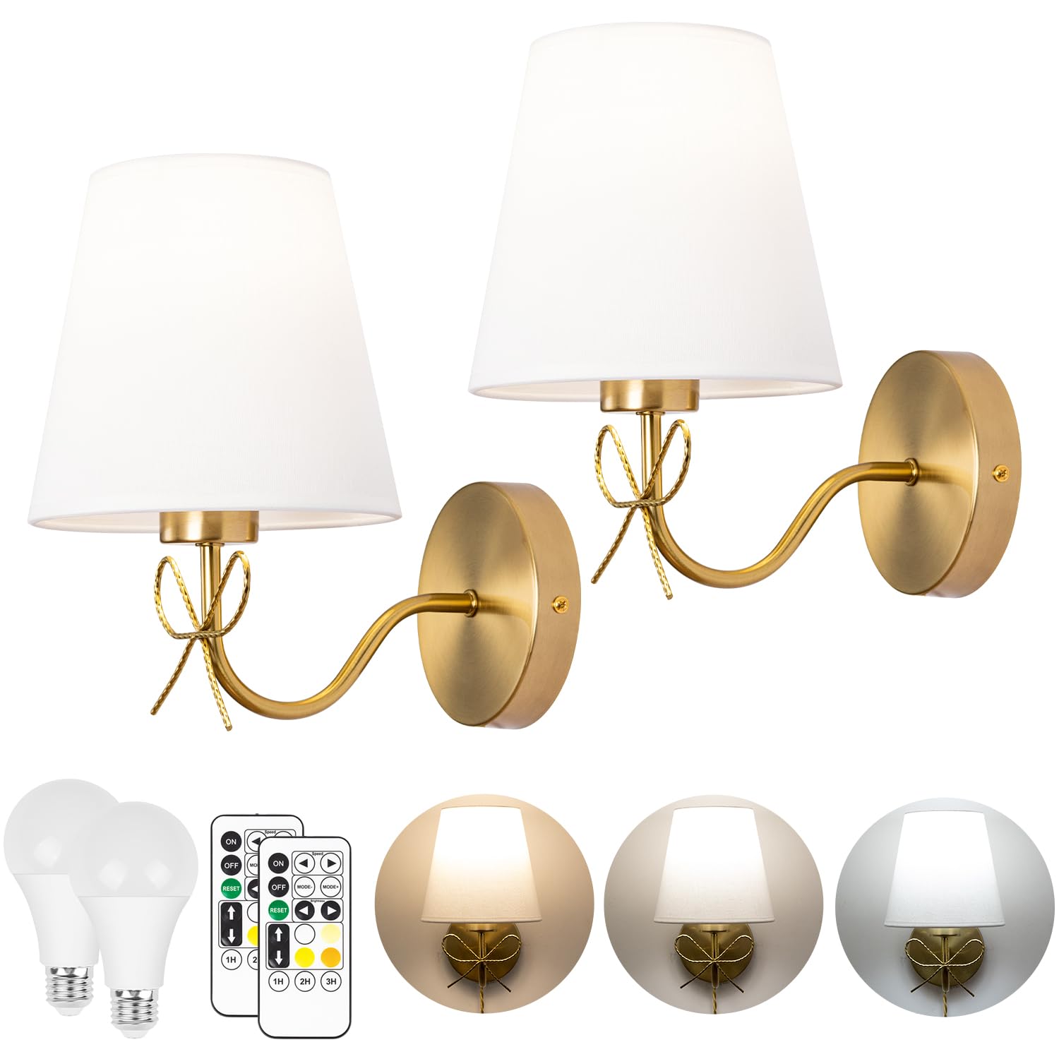 Photo 1 of TREELAND Antique Brass Bow Wall Sconces with 110V Dimmable Remote Bulb, 3 Color Tempture, Timmer Function, Hardwire or Plug-in Cord Set of Two Vintage Gold Wall Lamp Light for Bedroom Living Room