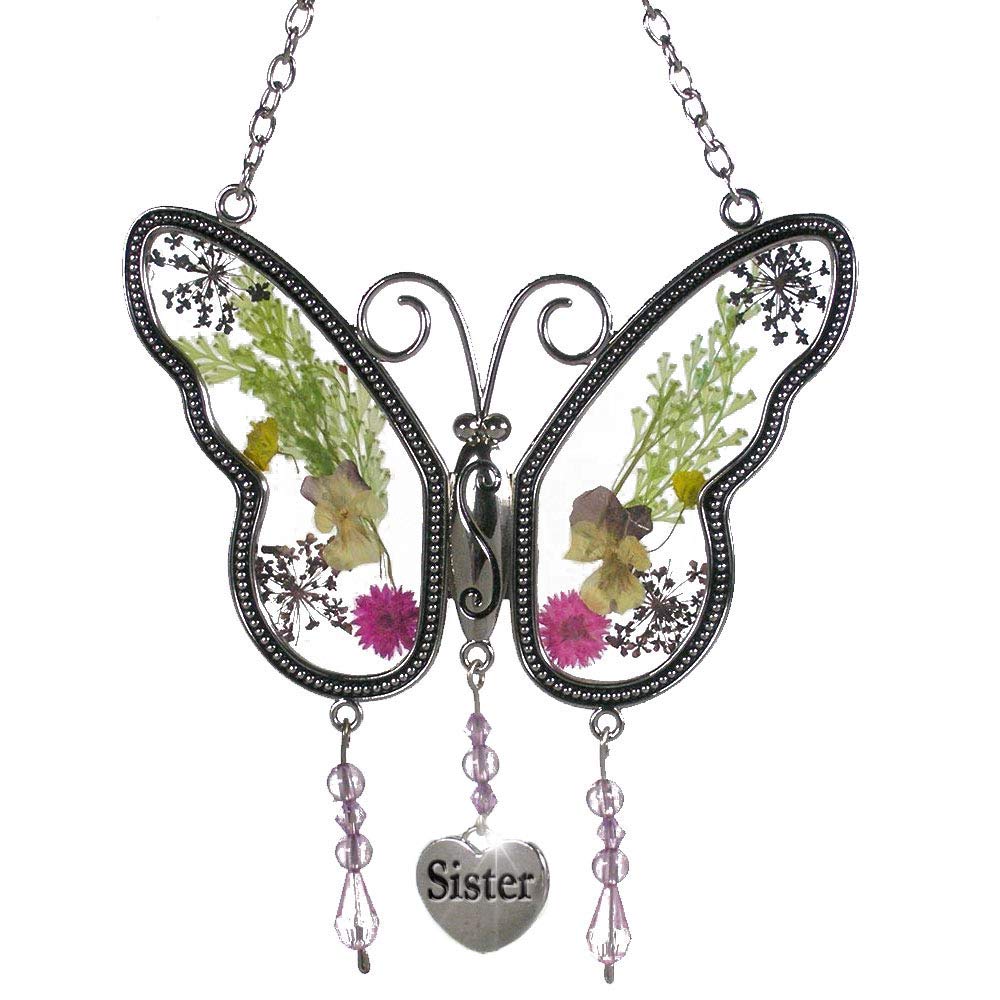 KAKA Store Sister Butterfly Suncatcher Wind Chimes with Pressed Flower Wings Sister Mother Day's Butterfly Home Garden Decoration Decor