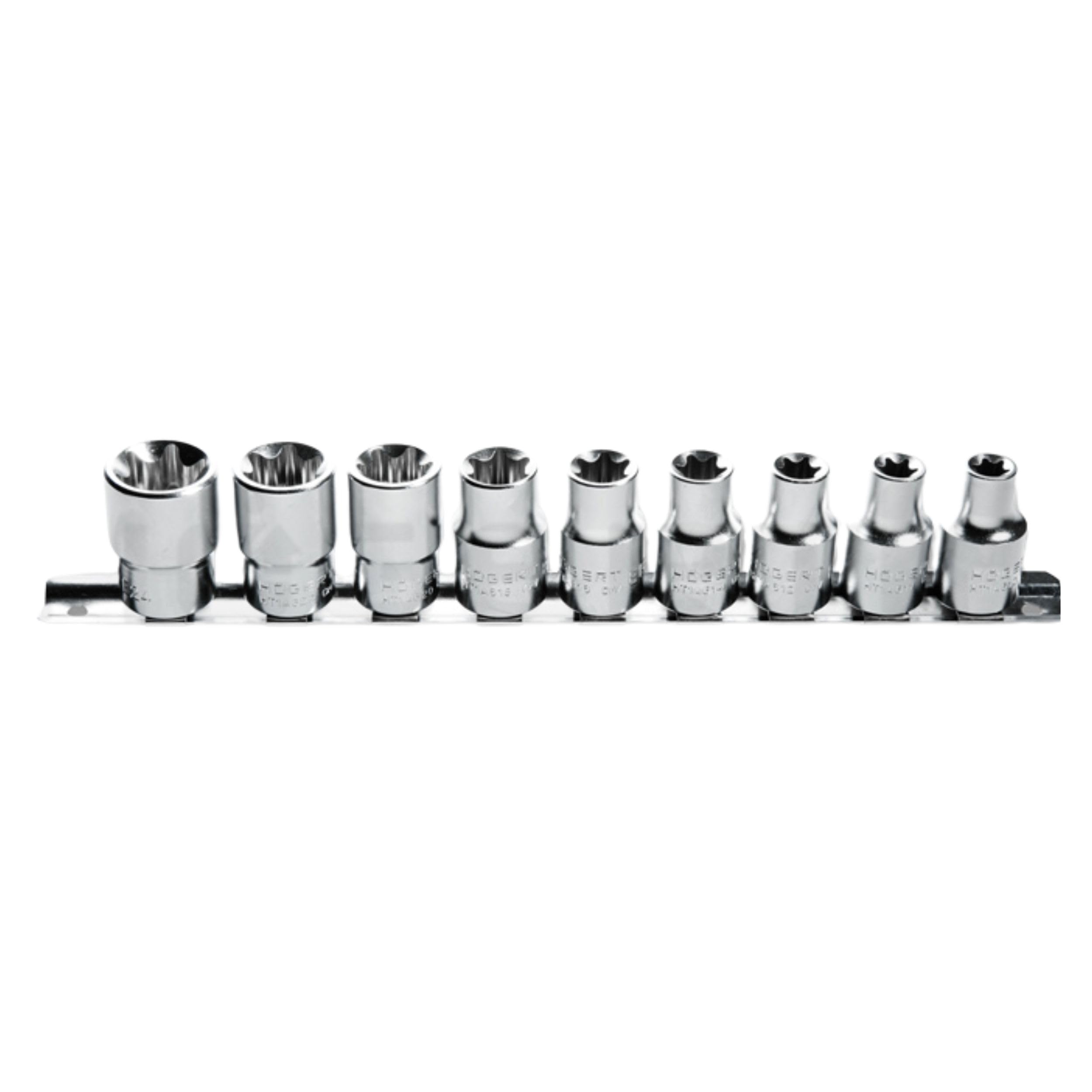 Högert Technik - HT1A880 Socket Tool Nut Box I Chrome Vanadium Steel Alloy I Socket Set I Technology 9-Piece Set Torx Socket Wrench, Silver, 1/2 Inch Size E10-E24, CRV