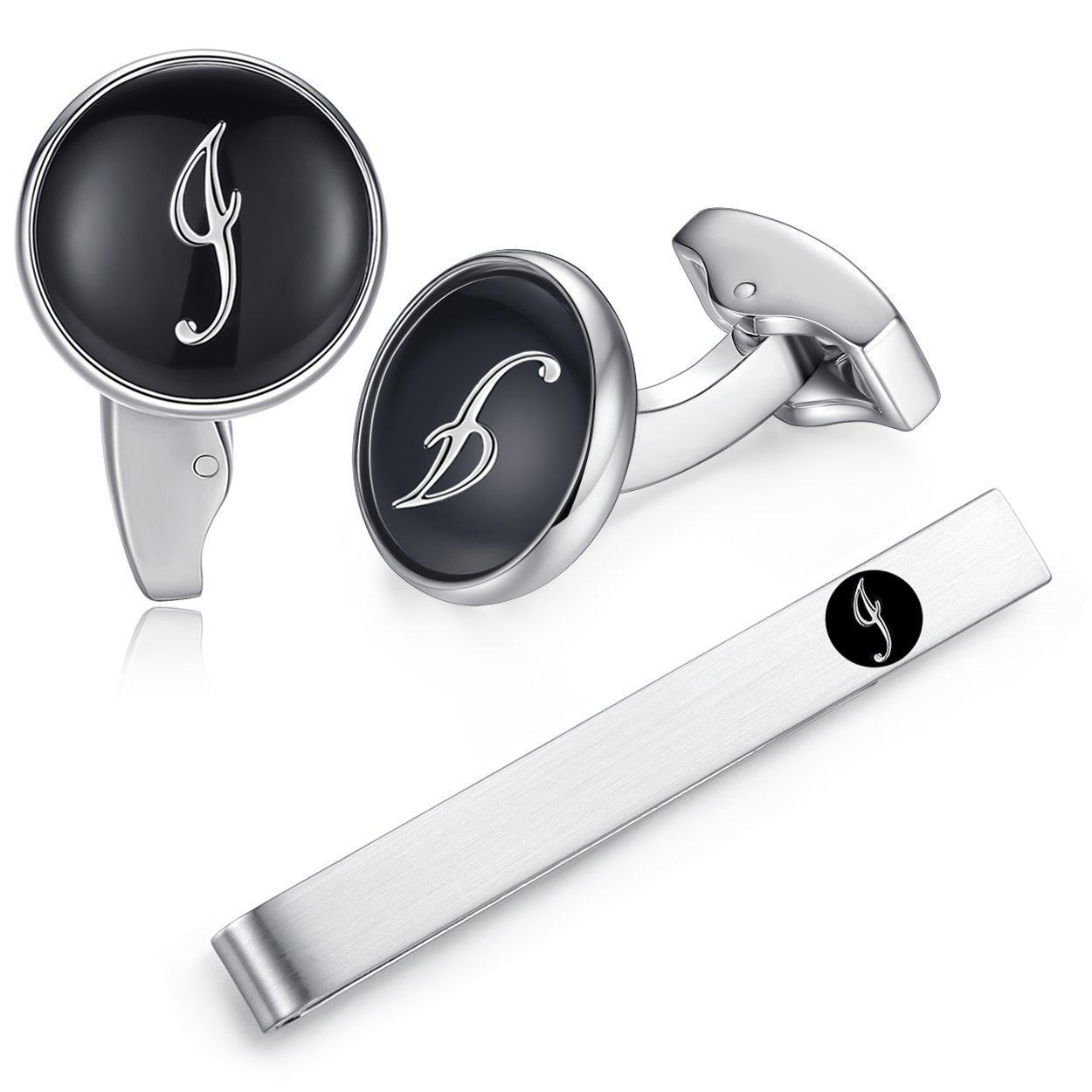 HONEY BEAR Initial Alphabet Letter Cufflinks Tie Clip Set for Mens - Black Round Stainless Steel, for Business Wedding Gift A - Z (I)