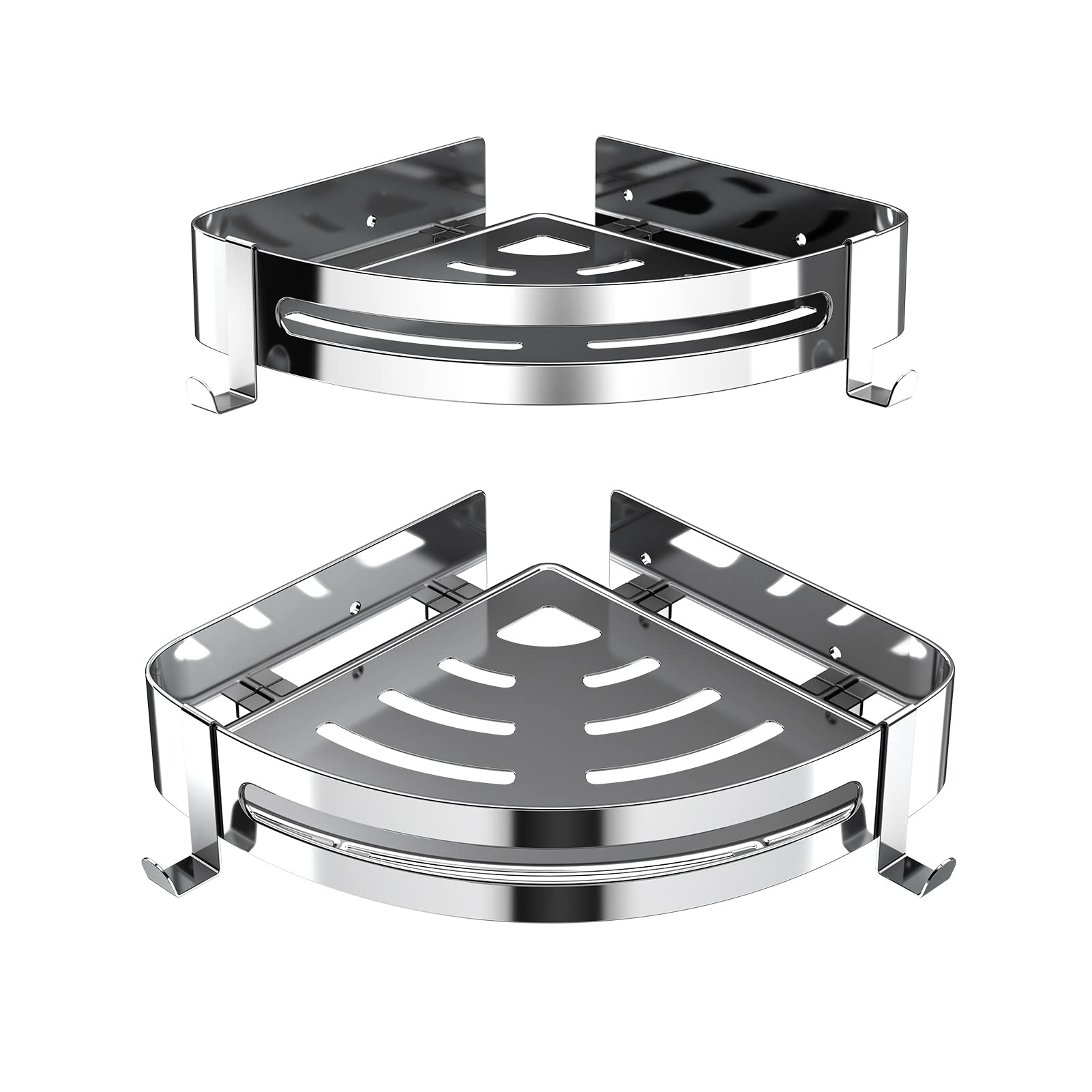 Misounda Shower Shelf No Drilling, 28 X 4 X 20 cm Corner Shelf Stainless Steel Triangle Shower Basket with 4 Hooks, Bathroom Organiser Shower Shelf Self Adhesive Bathroom Accessories