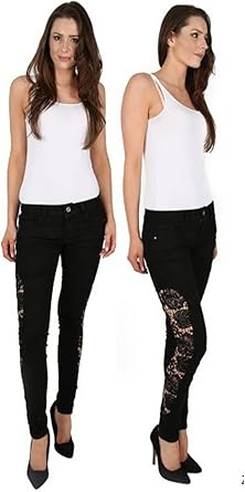 New Womens Ladies Side Crochet Lace High Waist Jeans Uk Size 6 14 Uk Size M 10 Black Amazon Co Uk Clothing