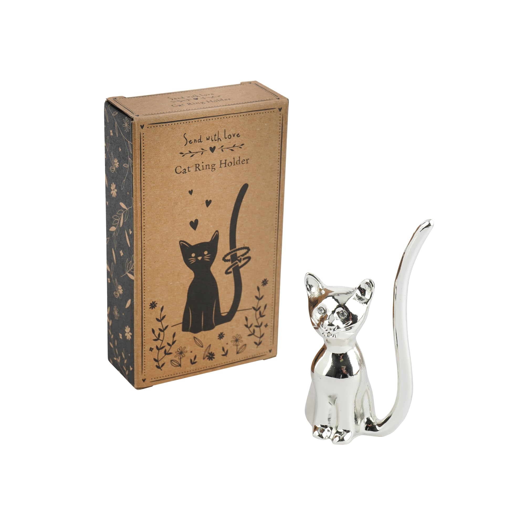 Cat Jewellery Ring Holder, Metal Silver Finish Organiser Stand - Boxed