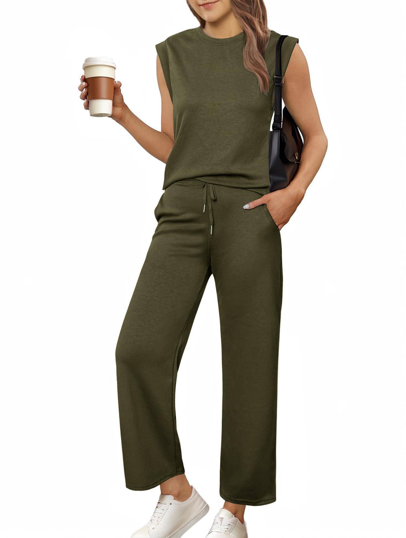 Photo 1 of Glamaker Women's 2 Piece Sets Matching Casual Summer Loose Outfits Loungewear Crew Neck 2024 Dressy Clothes Mujer(Olive Green,X-Large)